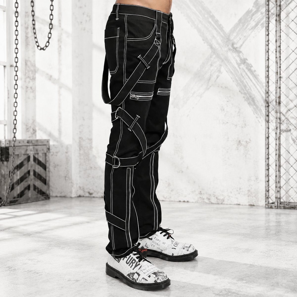 Prime Quality Gothic Straps Zipper Stitch Trousers Punk Rock Studs Metal Chain Trouser Pants/USA Sizes