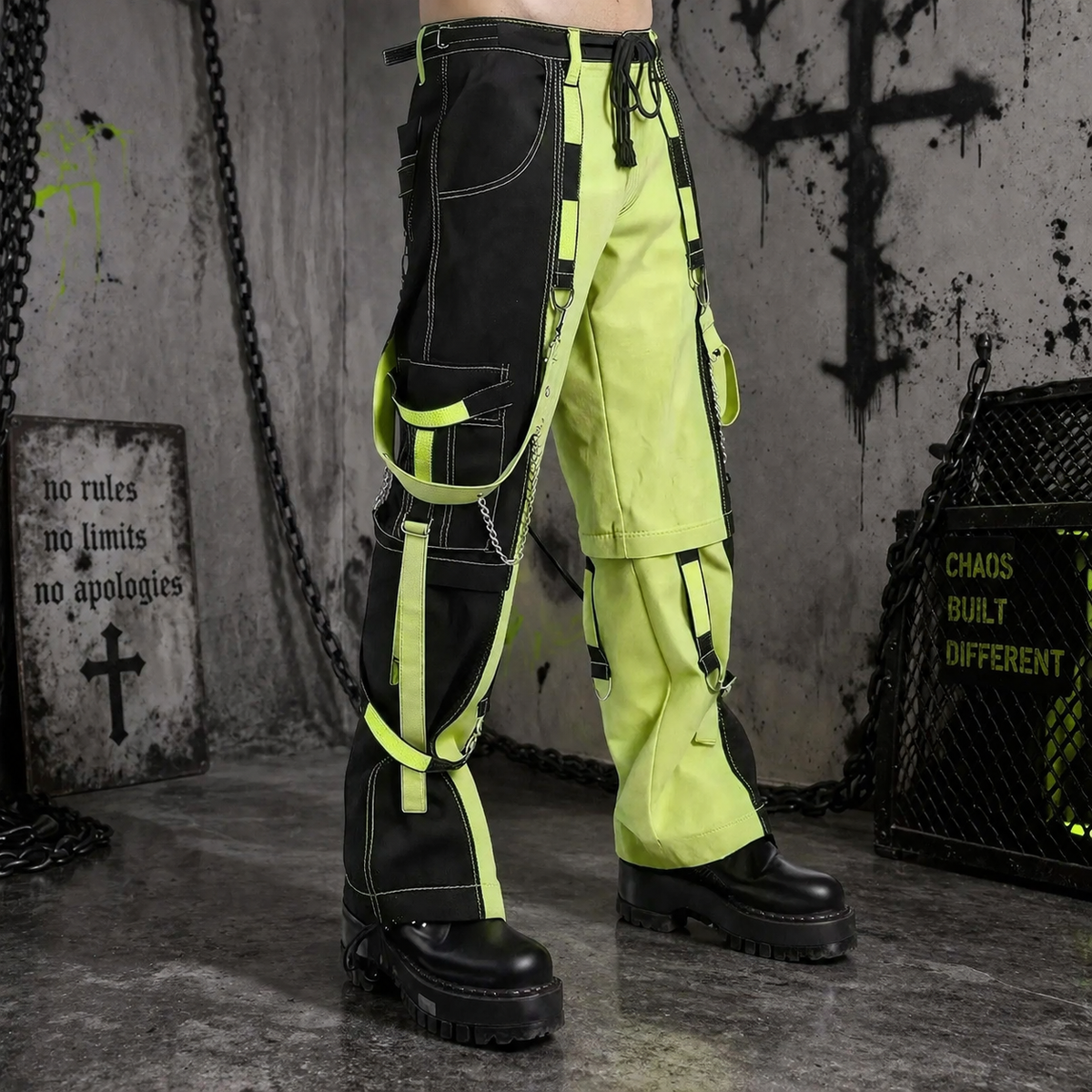 Prime Quality Men Extreme Bondage Limelight Lime Green Skater Gothic Punk Rocker Cyber Goth Steampunk Biker Pant