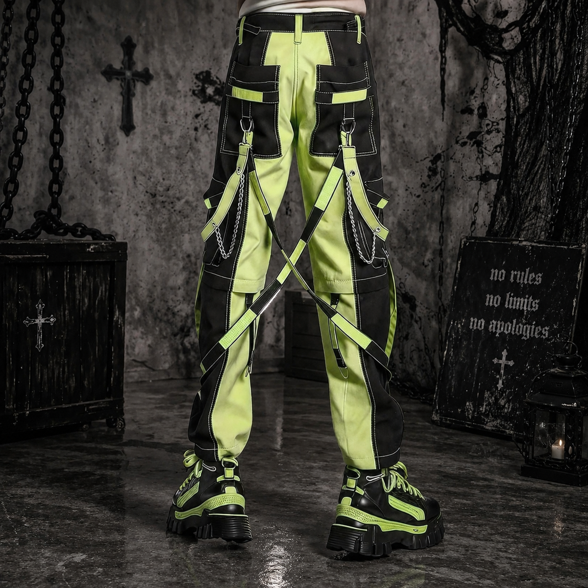 Prime Quality Men Extreme Bondage Limelight Lime Green Skater Gothic Punk Rocker Cyber Goth Steampunk Biker Pant