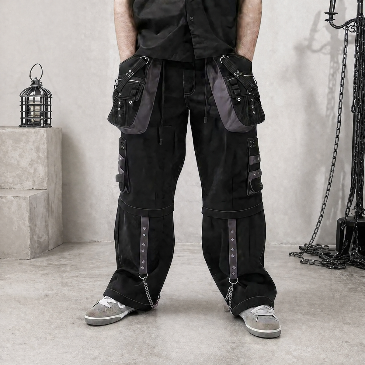 Gothic Men's Black Grey Men Trousers Gothic Cotton Studs Metal Punk
