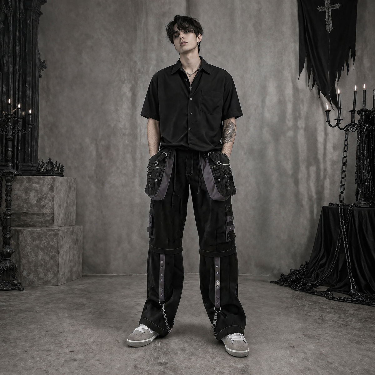 Gothic Men's Black Grey Men Trousers Gothic Cotton Studs Metal Punk