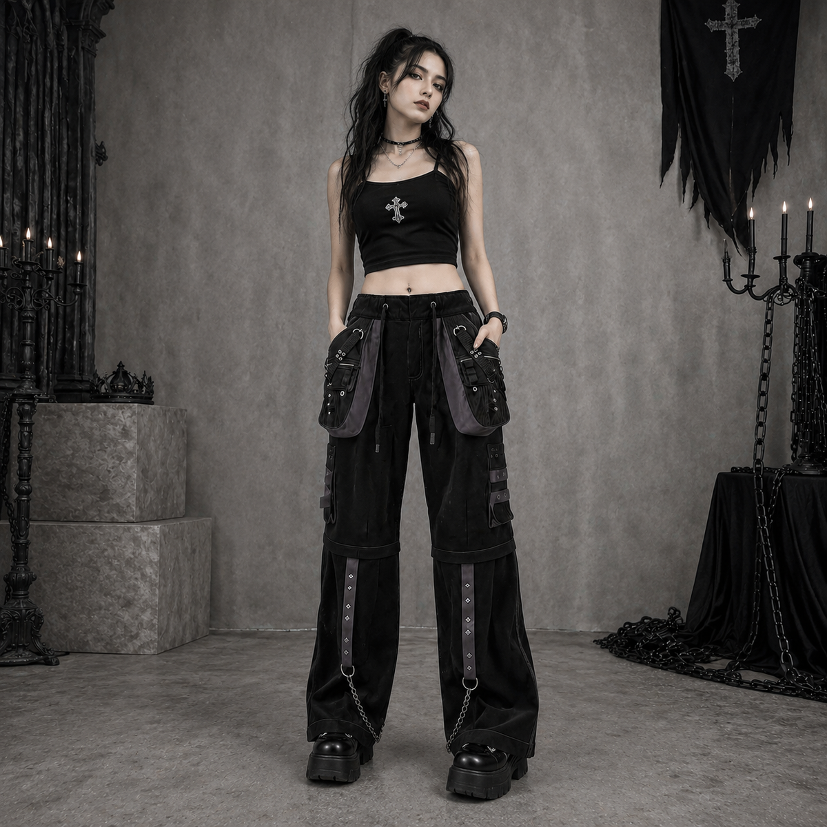 Gothic Men's Black Grey Men Trousers Gothic Cotton Studs Metal Punk