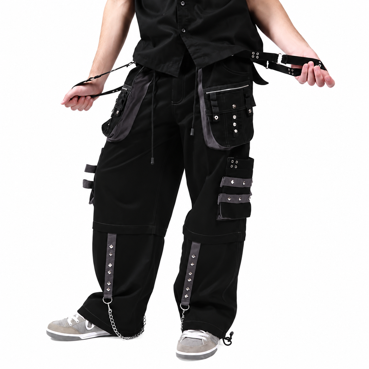 Gothic Men's Black Grey Men Trousers Gothic Cotton Studs Metal Punk