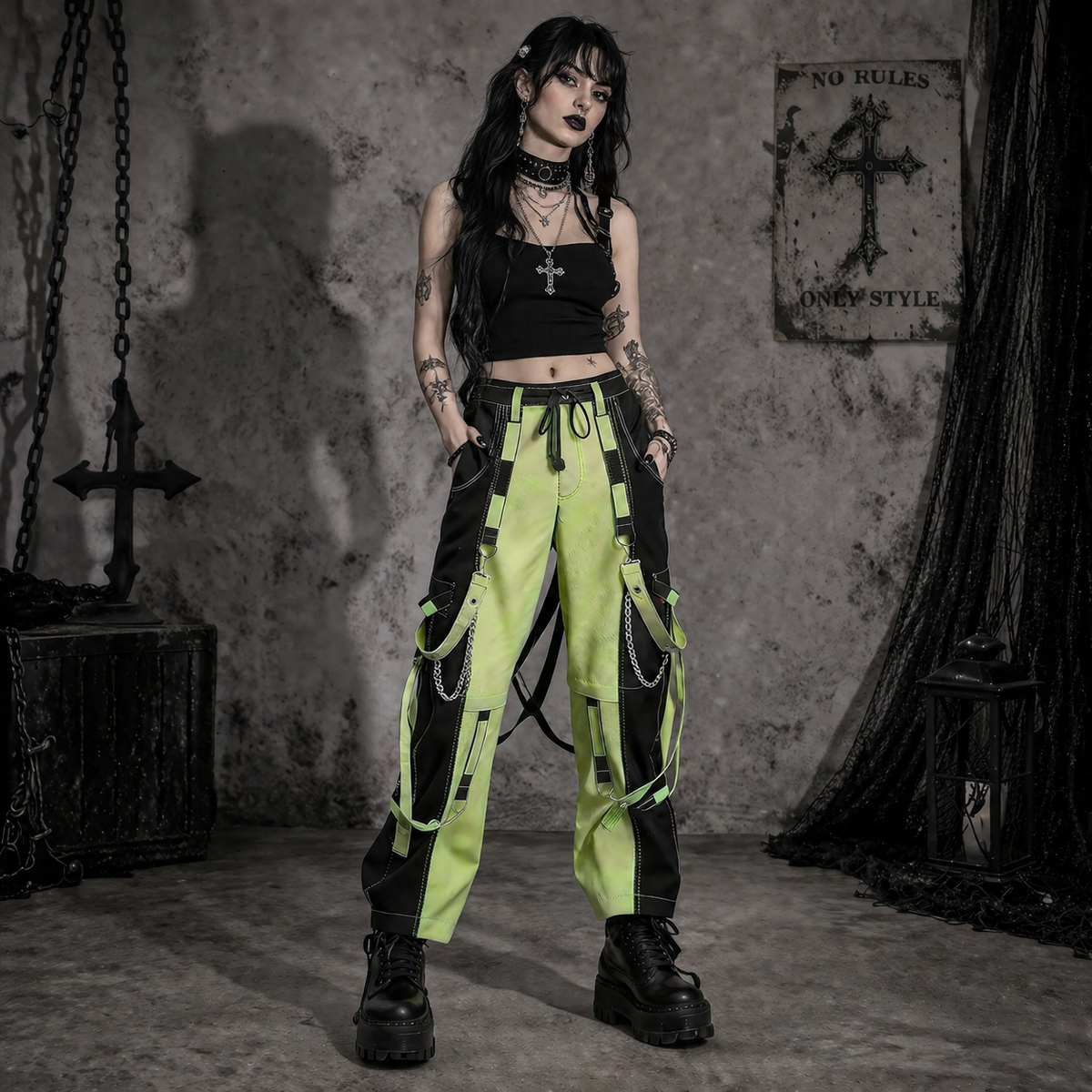 Prime Quality Men Extreme Bondage Limelight Lime Green Skater Gothic Punk Rocker Cyber Goth Steampunk Biker Pant