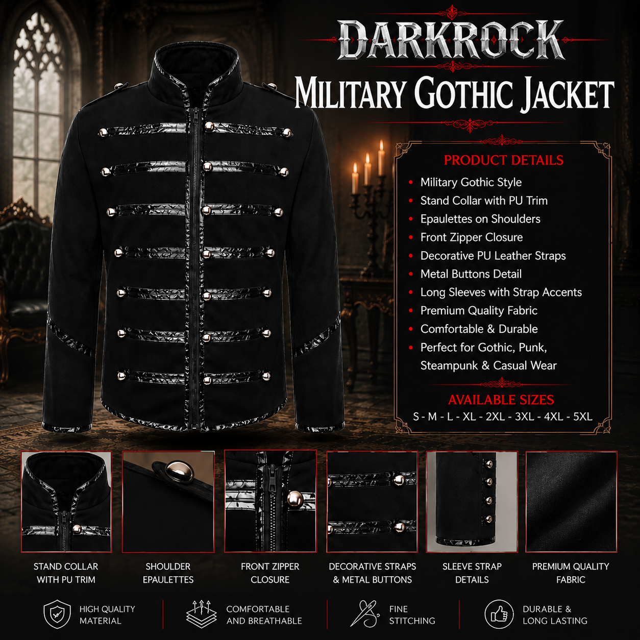 Men's Military Drummer Black Parade Jacket Black Gothic Band Uniform Coat Steampunk Punk