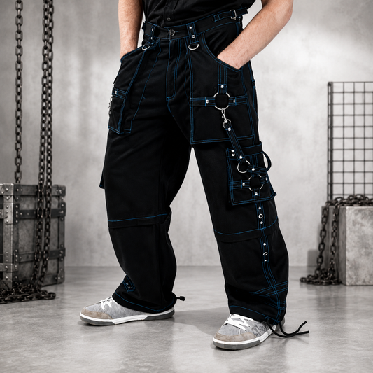 Prime Quality Gothic Men Handmade Bondage 4 Pocket Trouser Punk Rock Black with Blue Stitch Pant USA