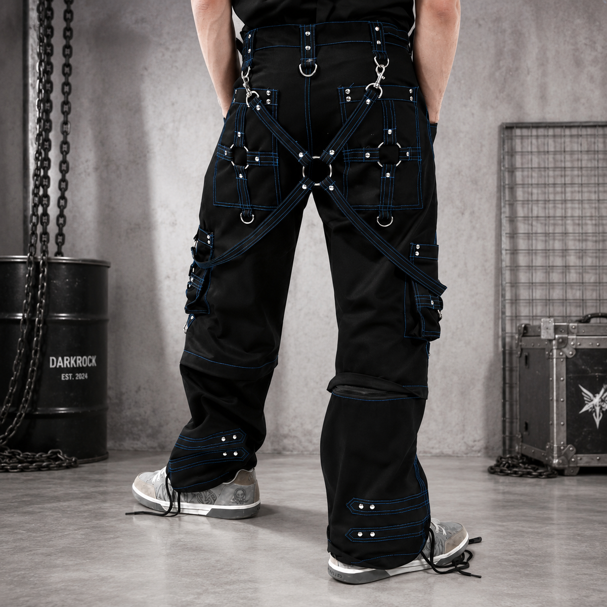 Prime Quality Gothic Men Handmade Bondage 4 Pocket Trouser Punk Rock Black with Blue Stitch Pant USA