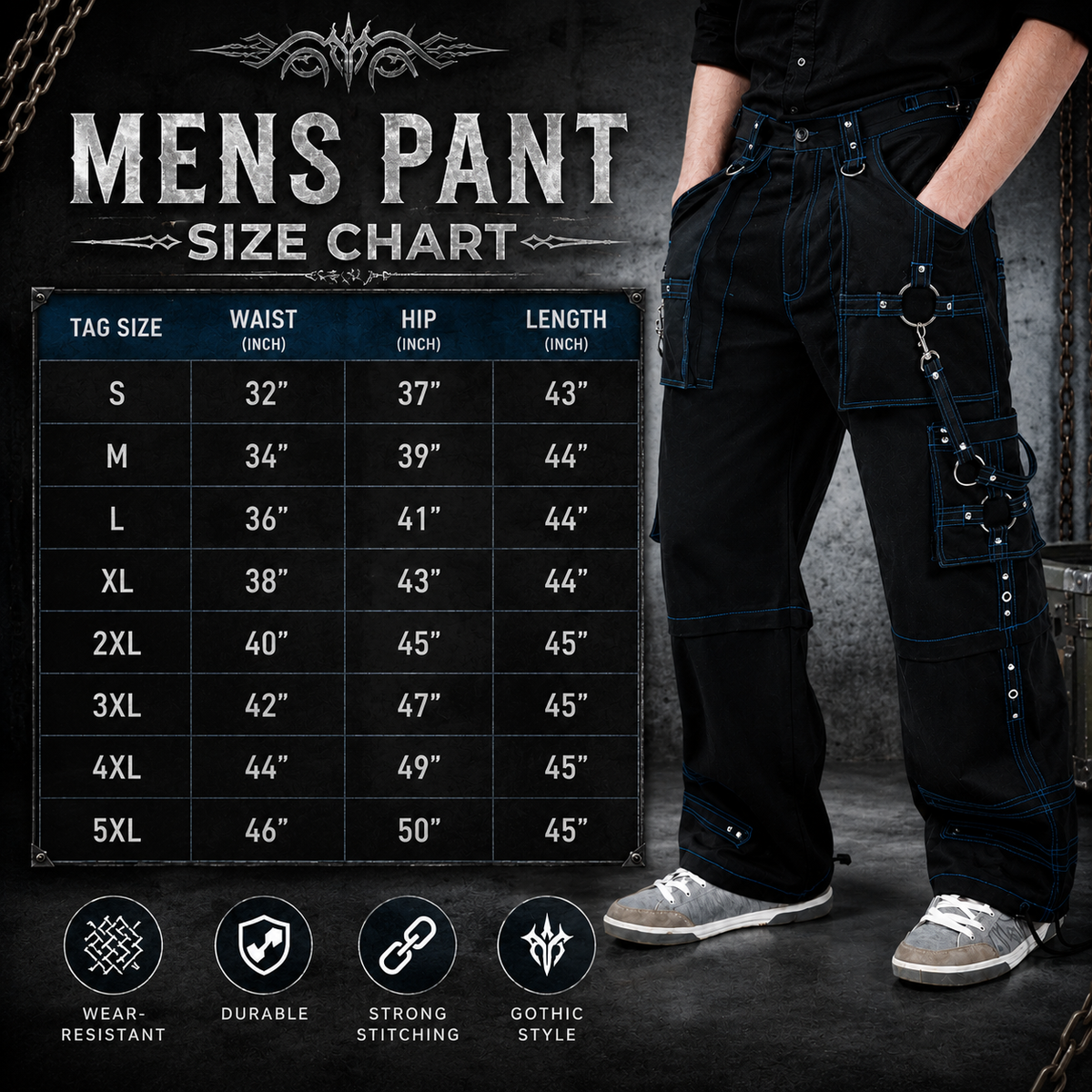 Prime Quality Gothic Men Handmade Bondage 4 Pocket Trouser Punk Rock Black with Blue Stitch Pant USA