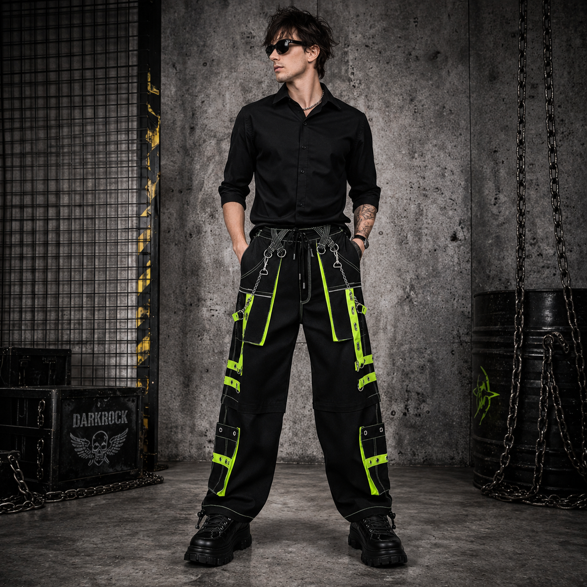 Gothic Men's Handmade Bondage 4 Pocket Trouser Punk Rock Black Yellow Gothic Yellow Stitch USA