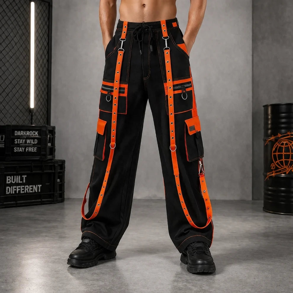 Gothic Men's Handmade Bondage 4 Pocket Dead Thread Trouser Punk Rock Black Orange Pant