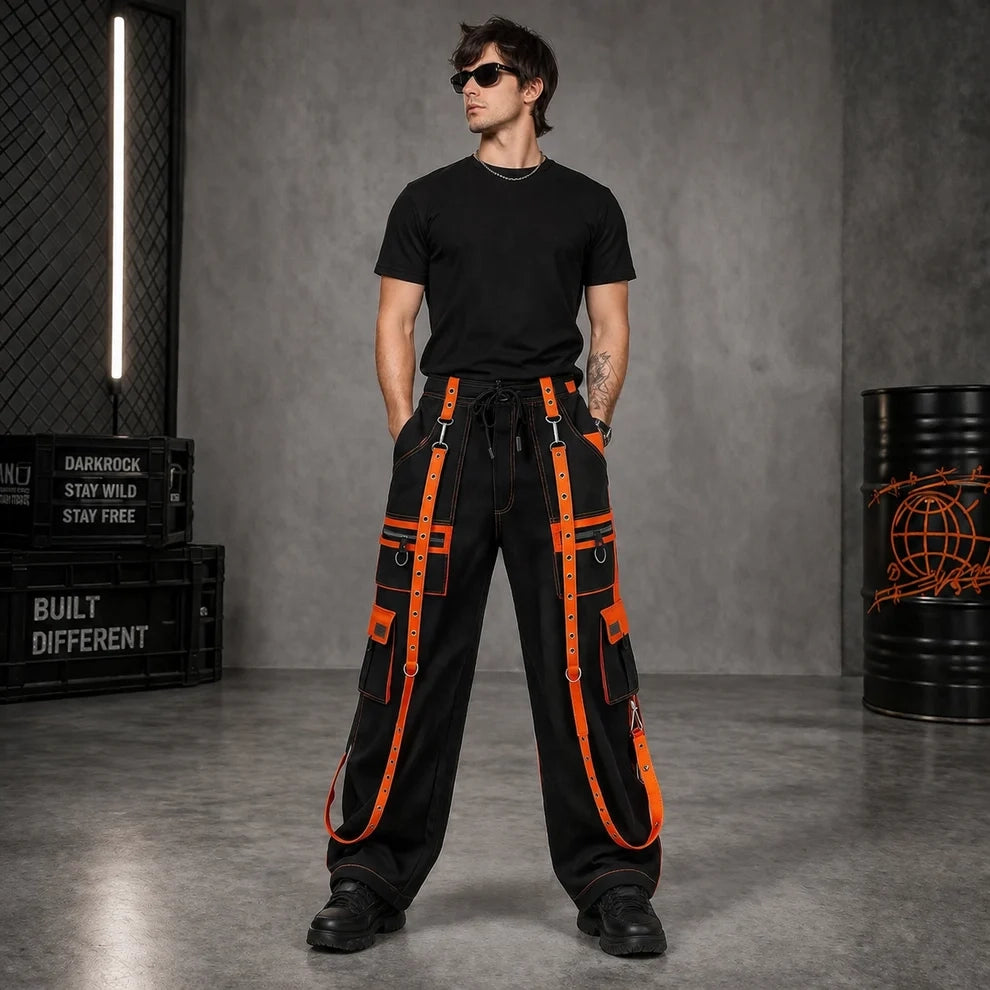 Gothic Men's Handmade Bondage 4 Pocket Dead Thread Trouser Punk Rock Black Orange Pant