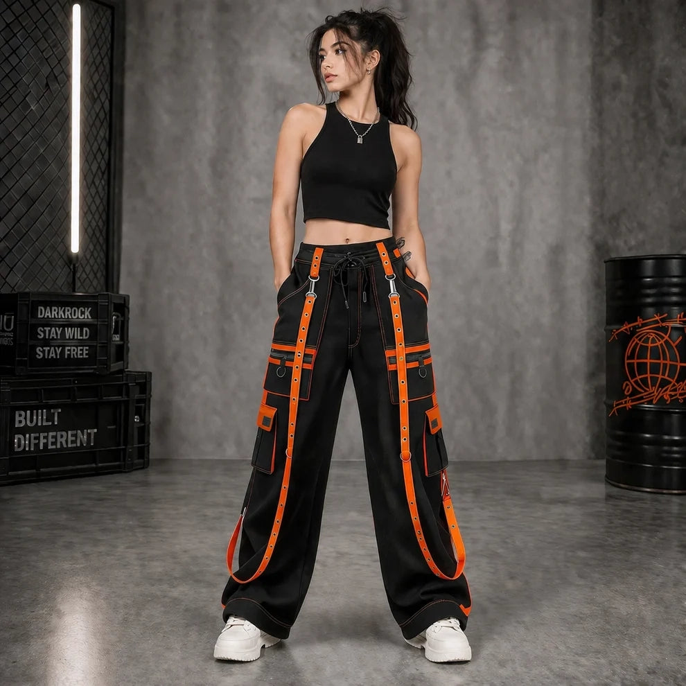 Gothic Men's Handmade Bondage 4 Pocket Dead Thread Trouser Punk Rock Black Orange Pant