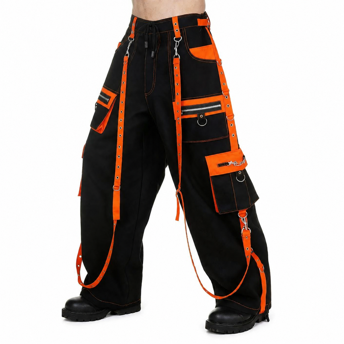 Gothic Men's Handmade Bondage 4 Pocket Dead Thread Trouser Punk Rock Black Orange Pant