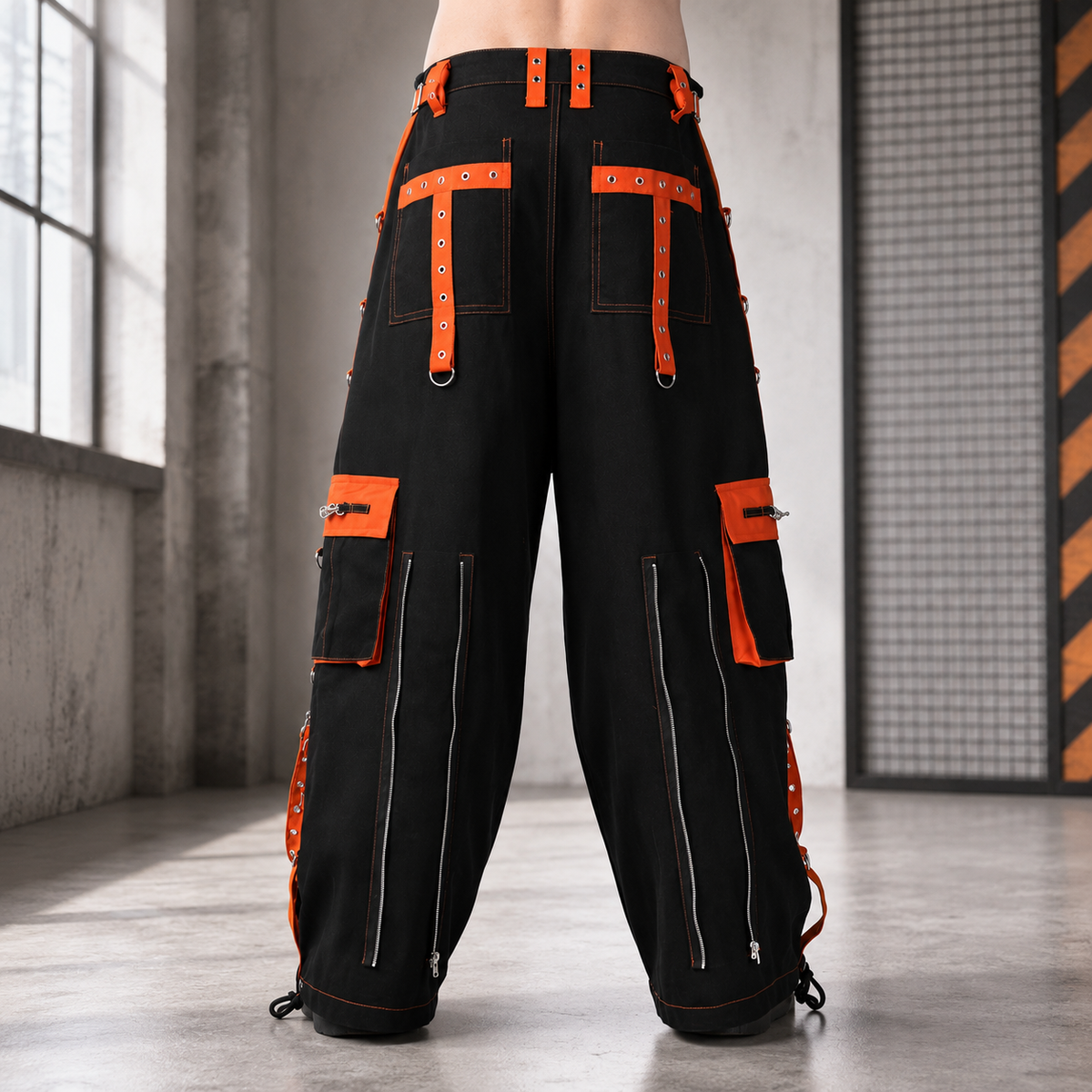 Gothic Men's Handmade Bondage 4 Pocket Dead Thread Trouser Punk Rock Black Orange Pant