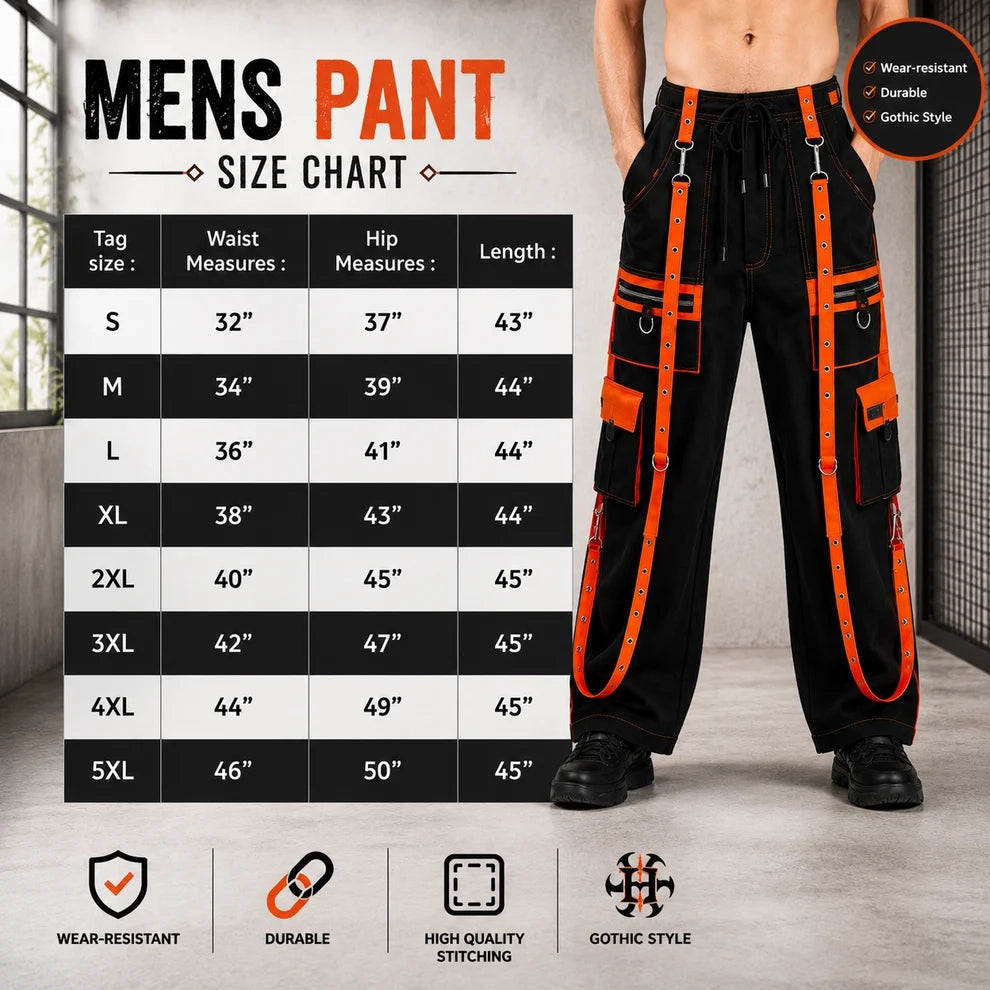 Gothic Men's Handmade Bondage 4 Pocket Dead Thread Trouser Punk Rock Black Orange Pant