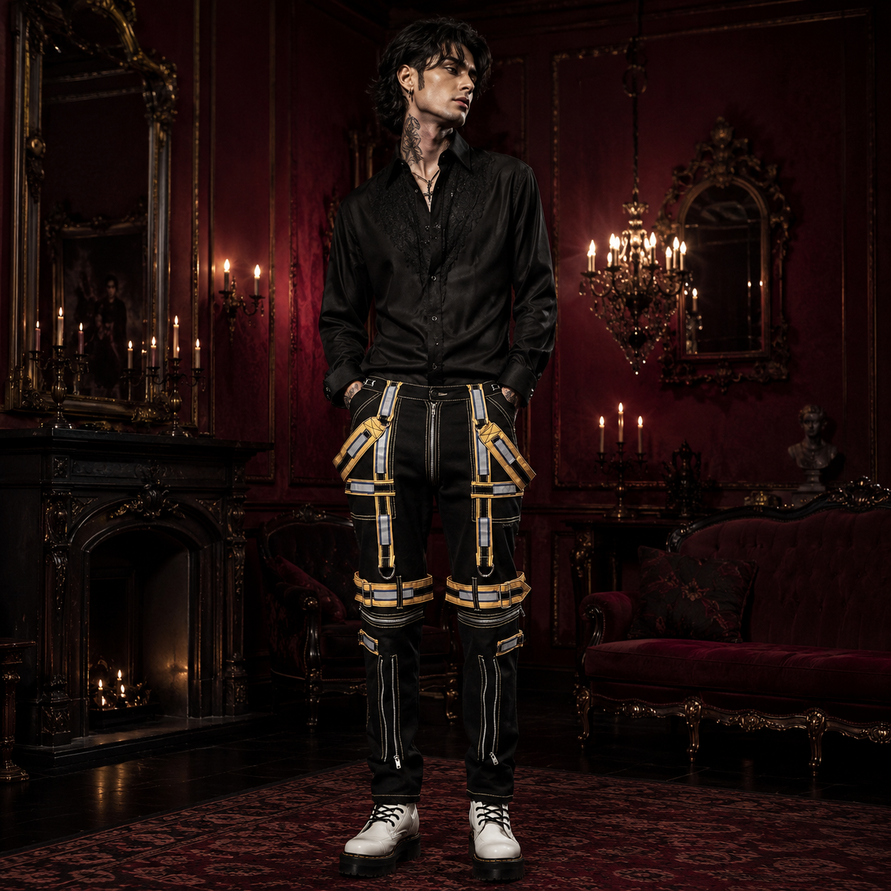 Men's Handmade Electro Bondage Rave Gothic Cyber Chain Gothic Jeans Punk Rock Black/Yellow Pant's