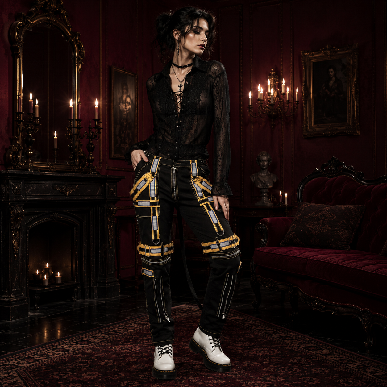 Men's Handmade Electro Bondage Rave Gothic Cyber Chain Gothic Jeans Punk Rock Black/Yellow Pant's