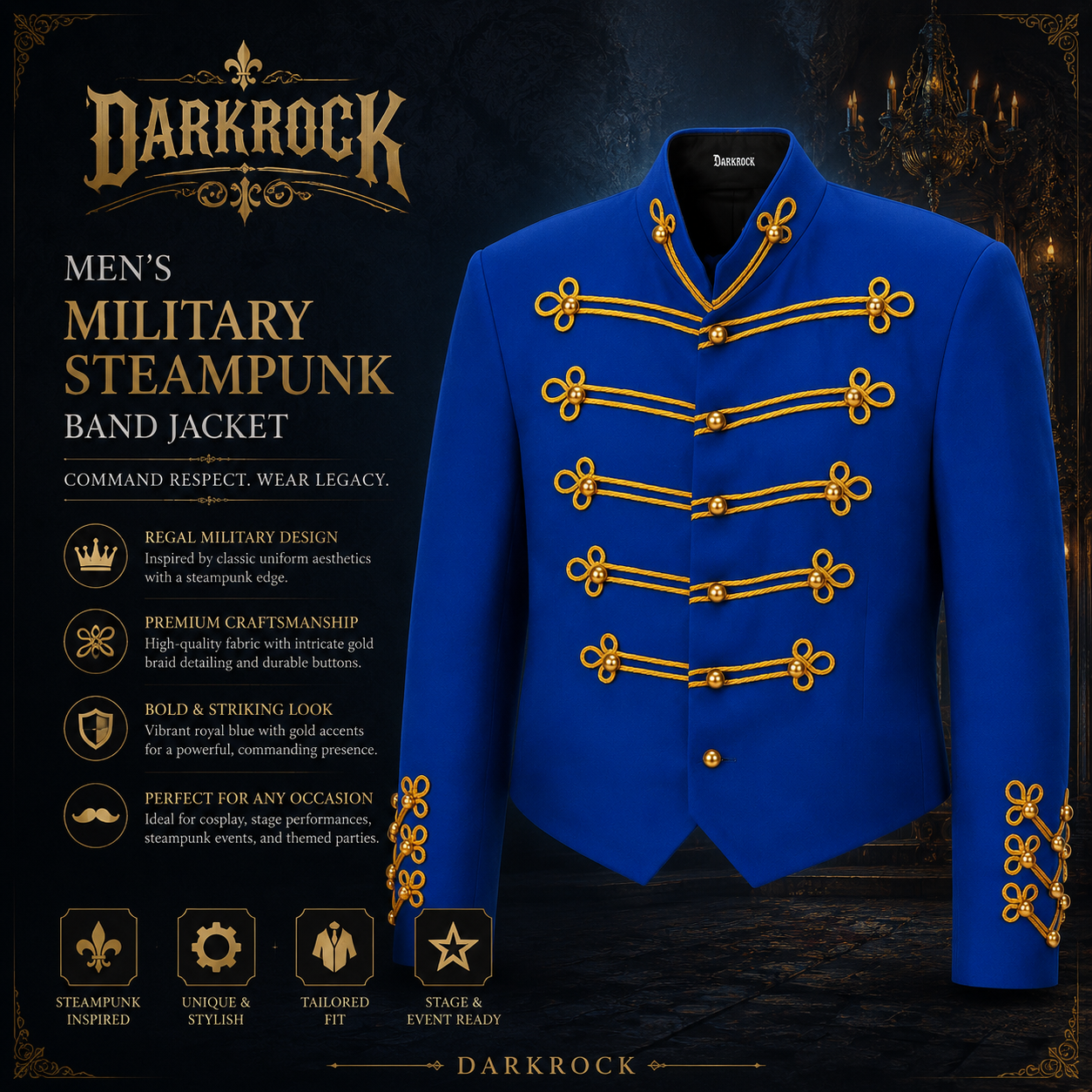 Men's Vintage Royal Blue Military Jacket Gold Braided Hussar Parade Jacket Victorian Gothic Steampunk Band Uniform Coat