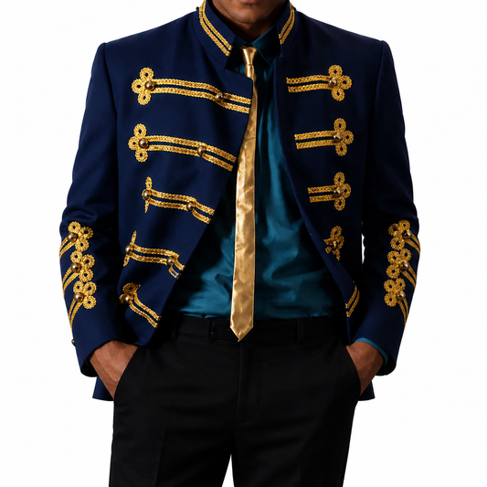 Men's Vintage Royal Blue Military Jacket Gold Braided Hussar Parade Jacket Victorian Gothic Steampunk Band Uniform Coat
