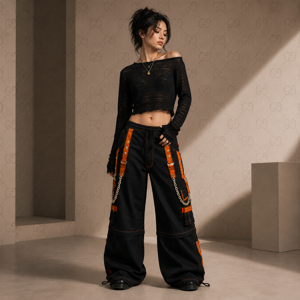 Men Extreme Bondage Skater Black/Orange Gothic Punk Rocker Cyber Goth Steam punk Biker Pant