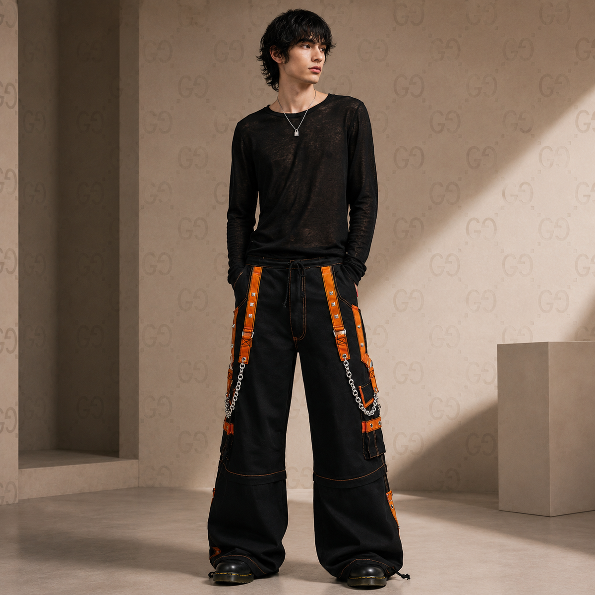 Men Extreme Bondage Skater Black/Orange Gothic Punk Rocker Cyber Goth Steam punk Biker Pant