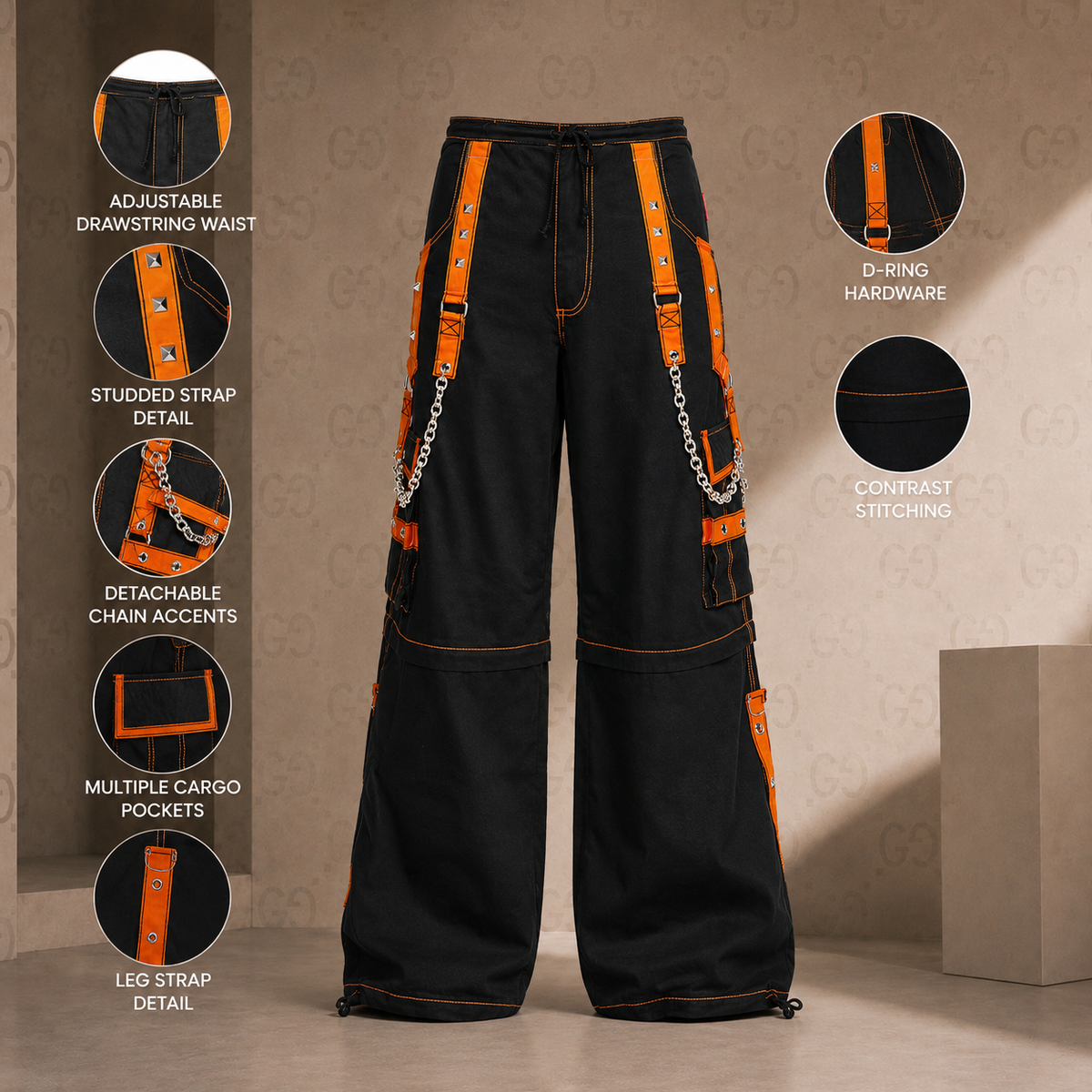 Men Extreme Bondage Skater Black/Orange Gothic Punk Rocker Cyber Goth Steam punk Biker Pant