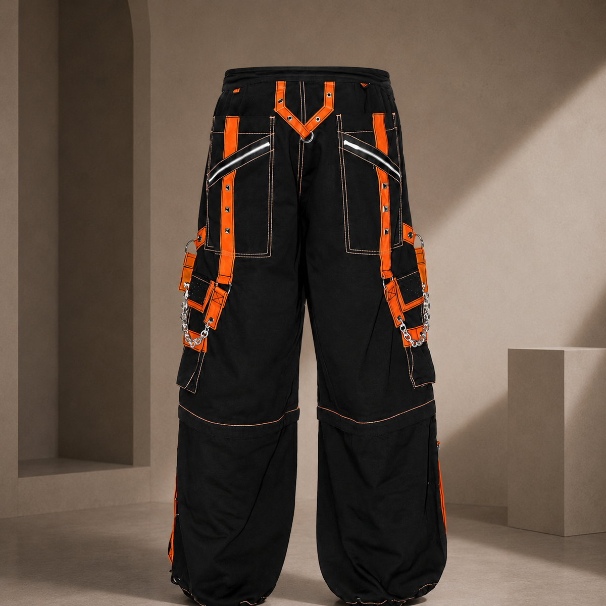 Men Extreme Bondage Skater Black/Orange Gothic Punk Rocker Cyber Goth Steam punk Biker Pant