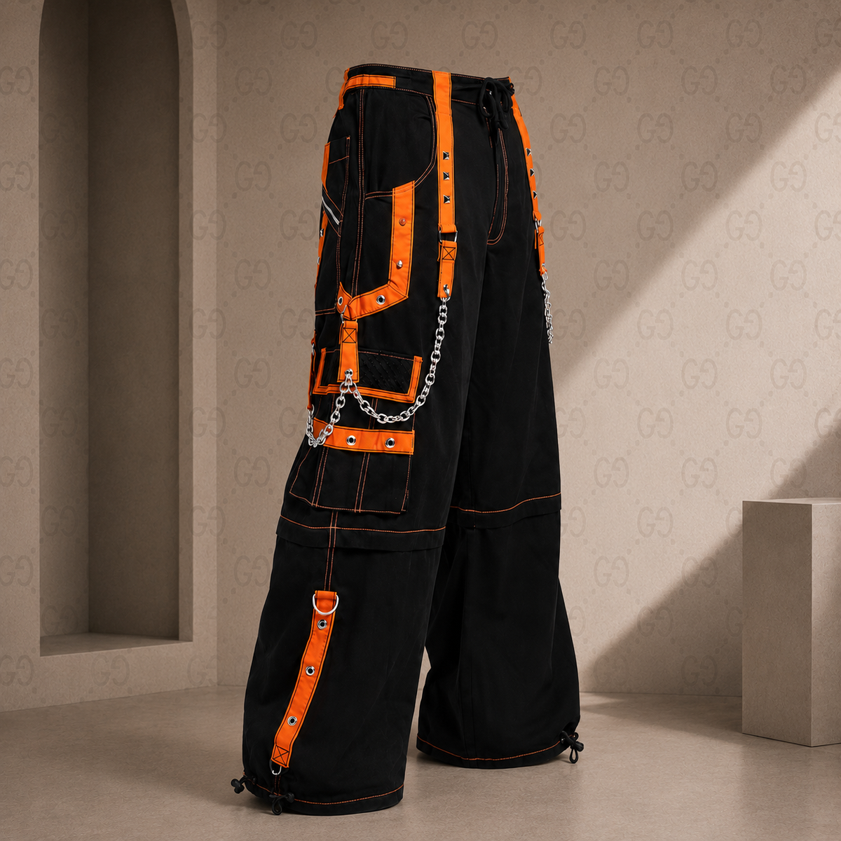 Men Extreme Bondage Skater Black/Orange Gothic Punk Rocker Cyber Goth Steam punk Biker Pant