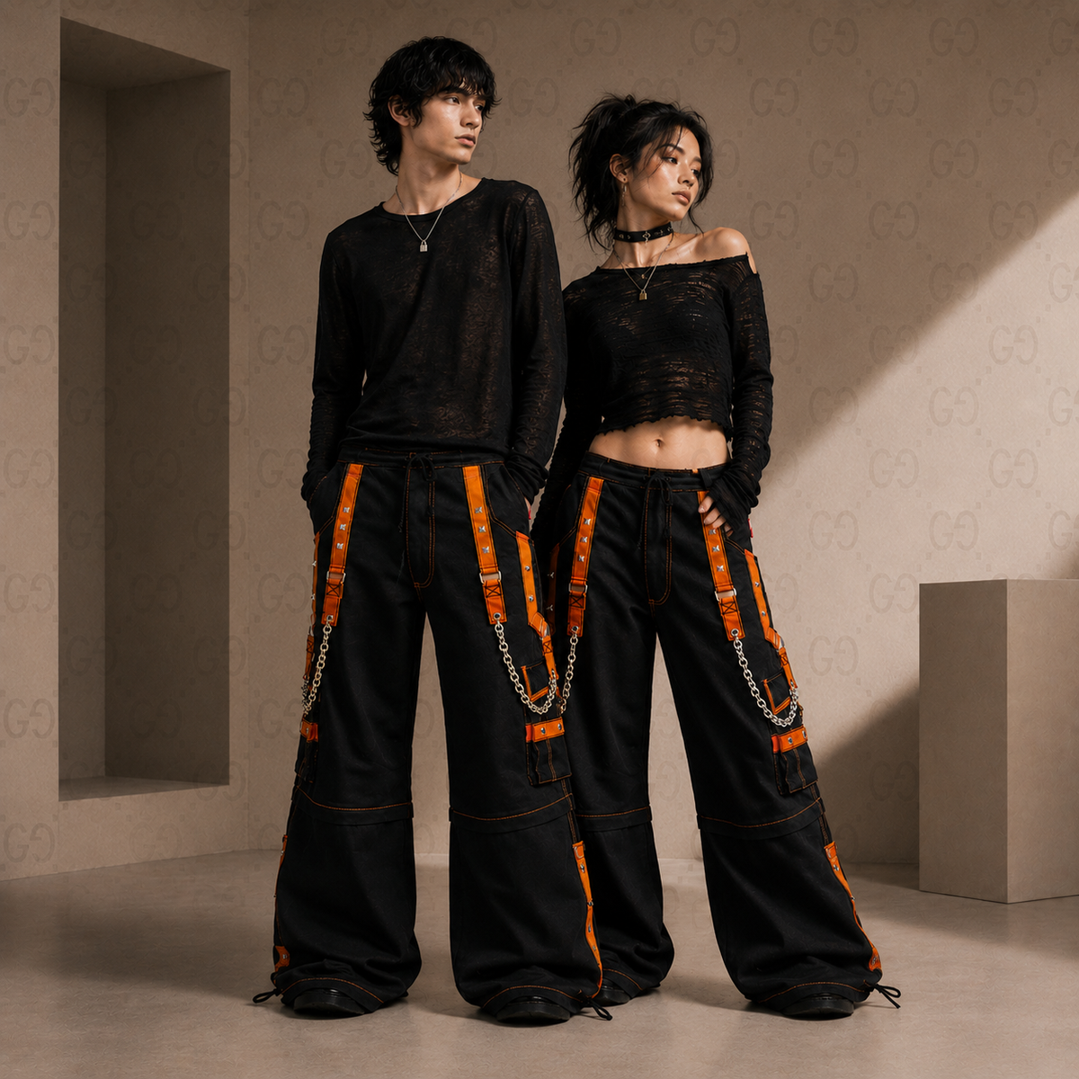Men Extreme Bondage Skater Black/Orange Gothic Punk Rocker Cyber Goth Steam punk Biker Pant