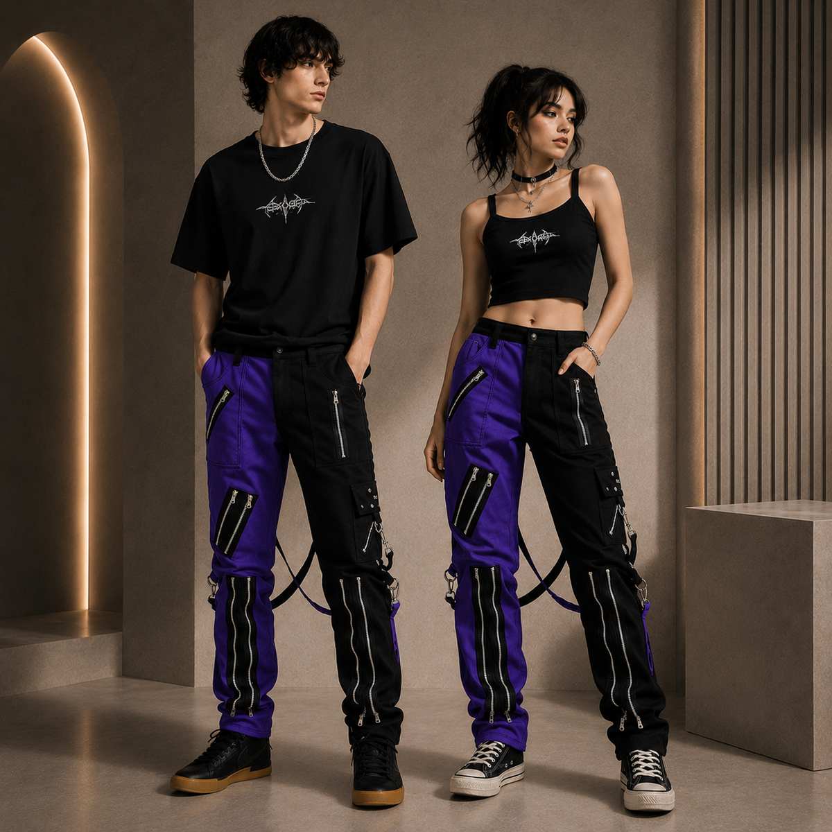 Gothic Bondage Men Pant Alternative Punk Rock Split Leg Purple Black Emo Trouser Pant USA