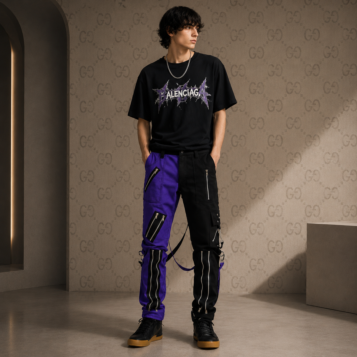 Gothic Bondage Men Pant Alternative Punk Rock Split Leg Purple Black Emo Trouser Pant USA