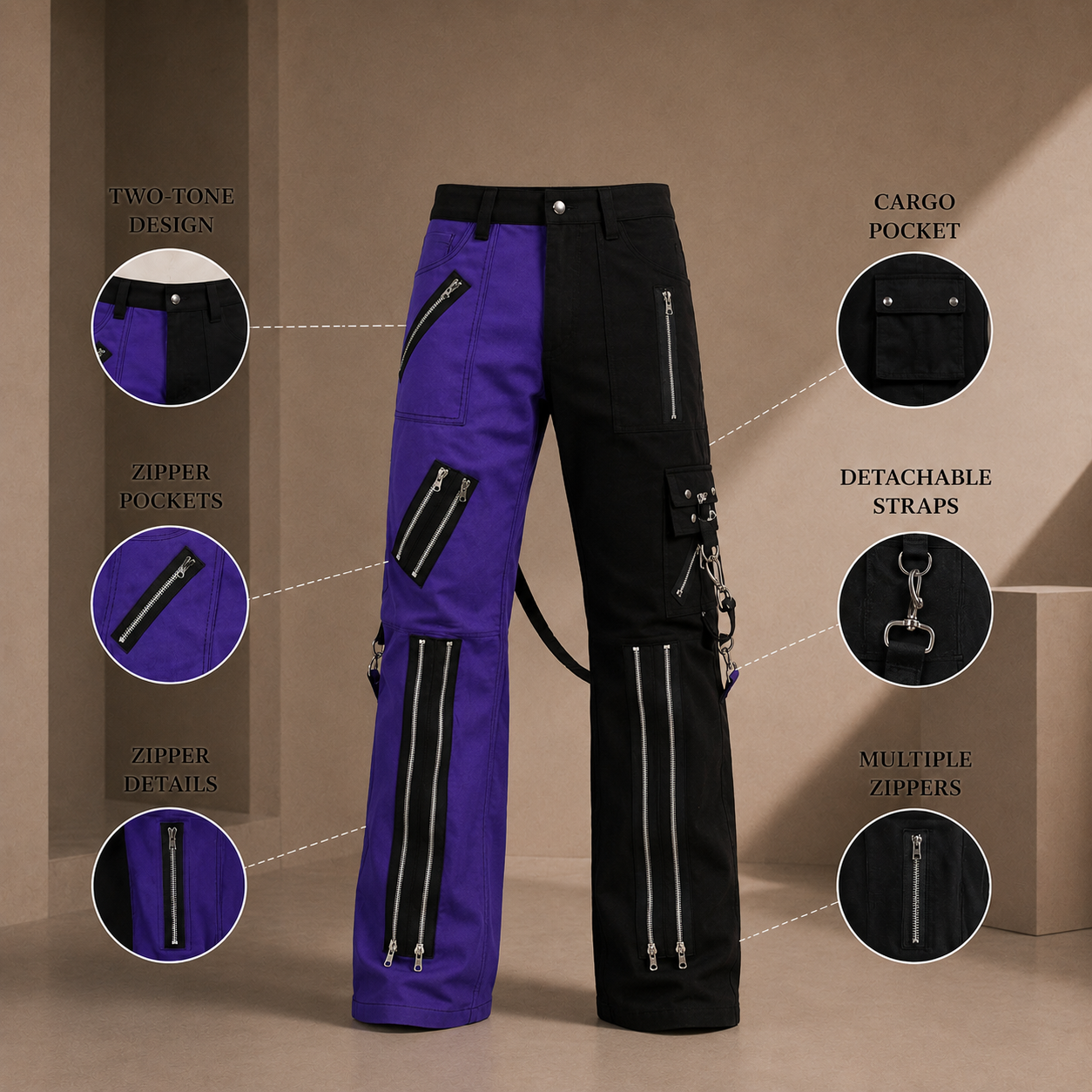 Gothic Bondage Men Pant Alternative Punk Rock Split Leg Purple