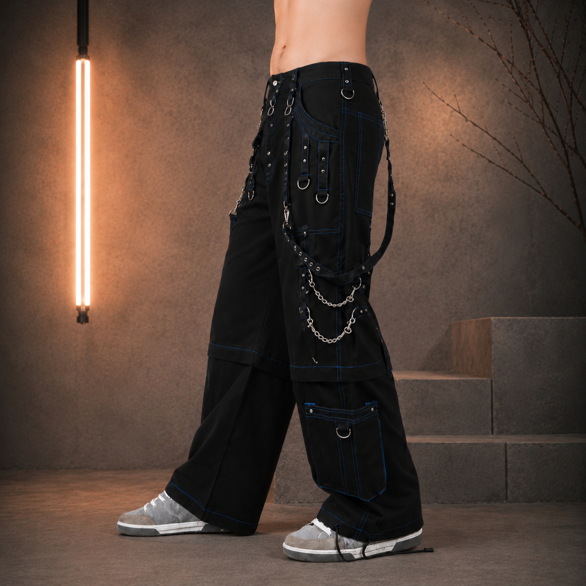 Men Handmade Gothic Bondage Trouser Blue Thread Cyber Pant Punk Shorts Metal Studs Pants Gothic Pant