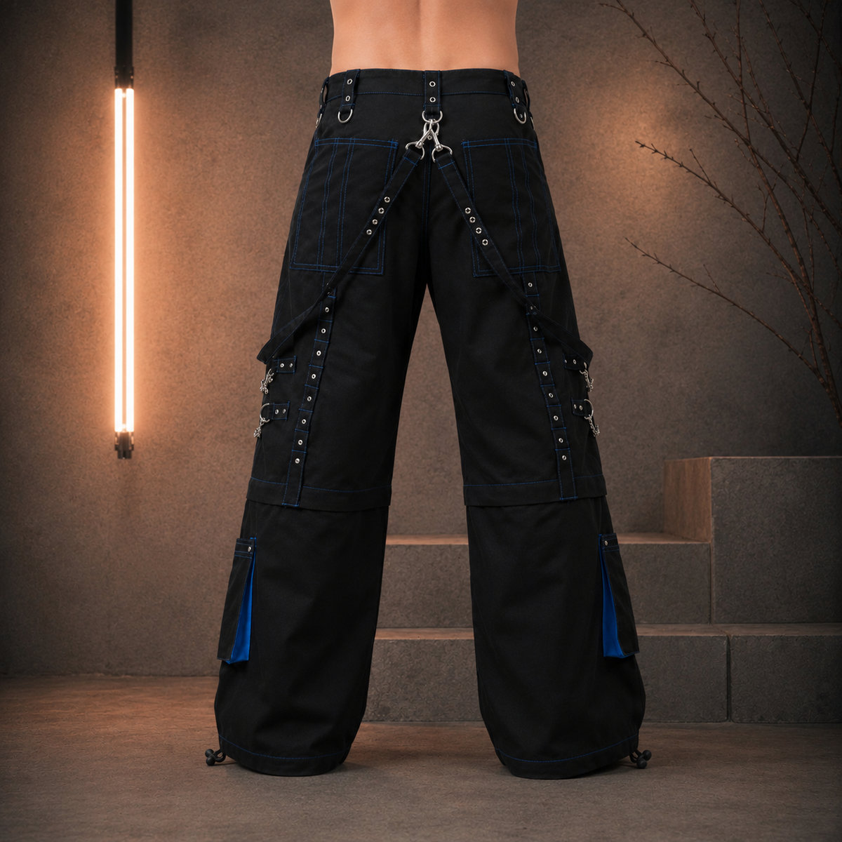 Men Handmade Gothic Bondage Trouser Blue Thread Cyber Pant Punk Shorts Metal Studs Pants Gothic Pant