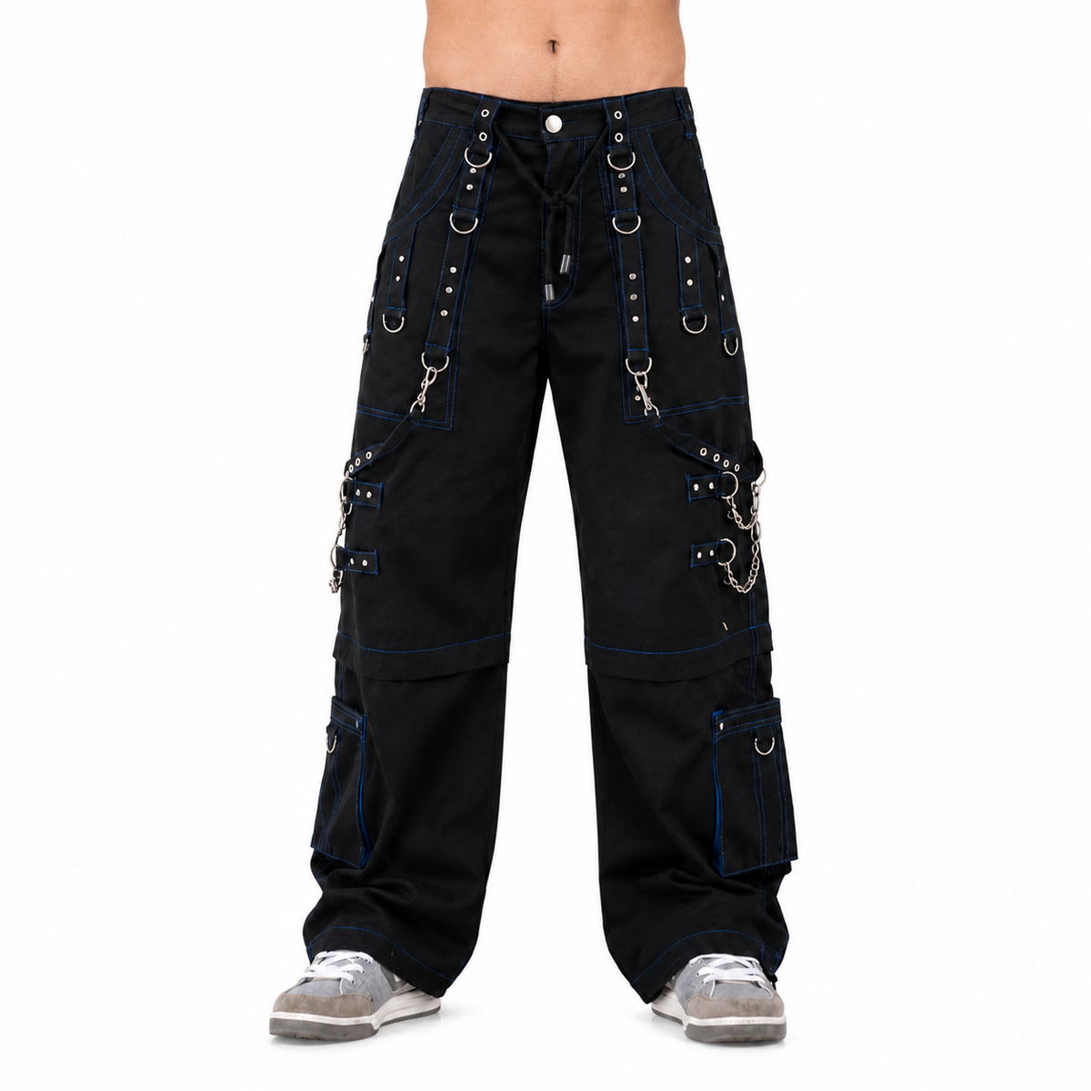 Men Handmade Gothic Bondage Trouser Blue Thread Cyber Pant Punk Shorts Metal Studs Pants Gothic Pant