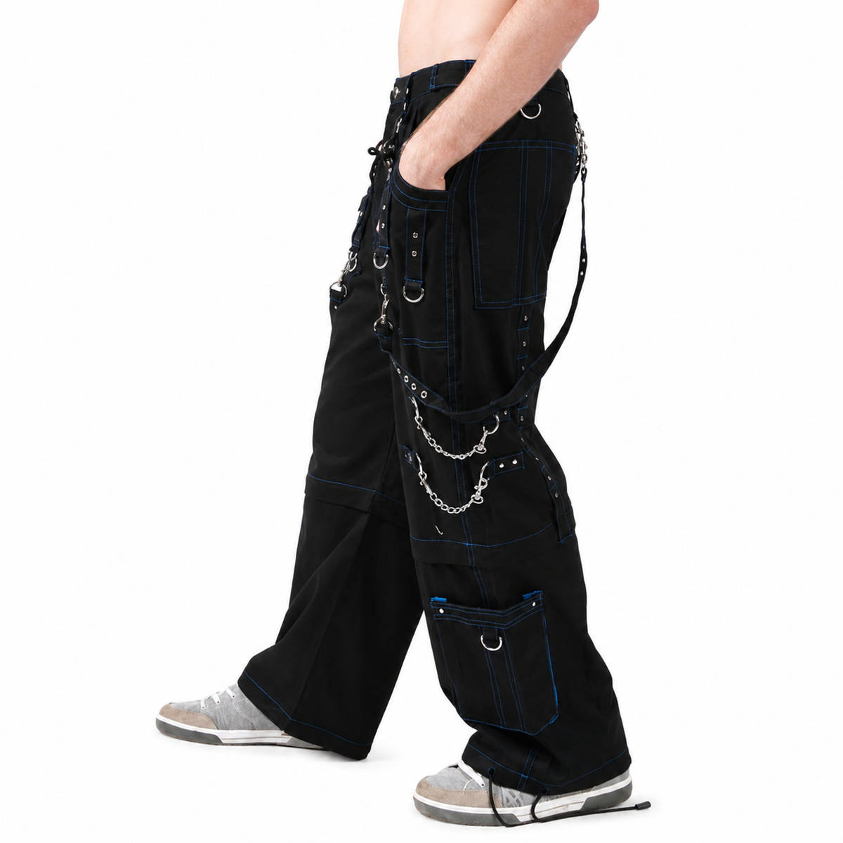 Men Handmade Gothic Bondage Trouser Blue Thread Cyber Pant Punk Shorts Metal Studs Pants Gothic Pant