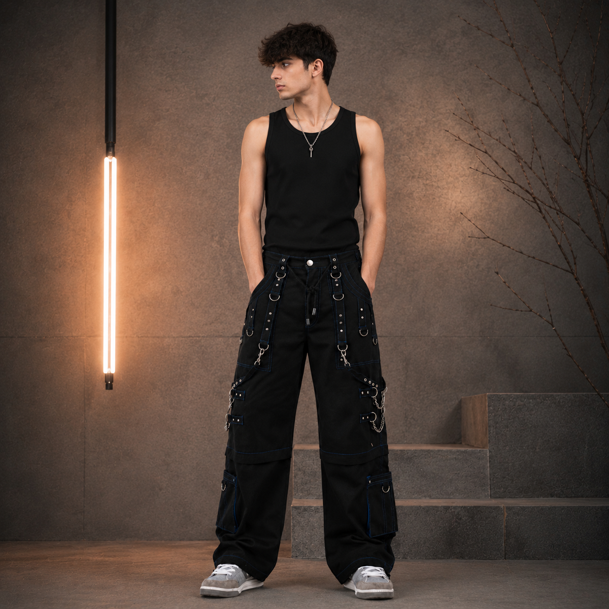 Men Handmade Gothic Bondage Trouser Blue Thread Cyber Pant Punk Shorts Metal Studs Pants Gothic Pant