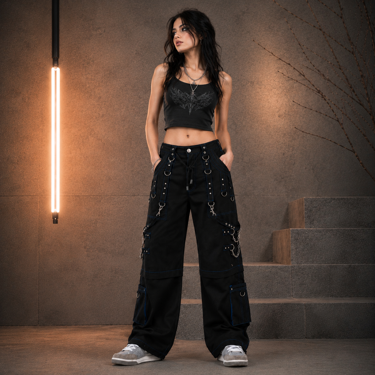 Men Handmade Gothic Bondage Trouser Blue Thread Cyber Pant Punk Shorts Metal Studs Pants Gothic Pant