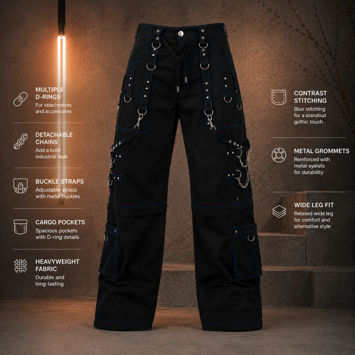 Men Handmade Gothic Bondage Trouser Blue Thread Cyber Pant Punk Shorts Metal Studs Pants Gothic Pant