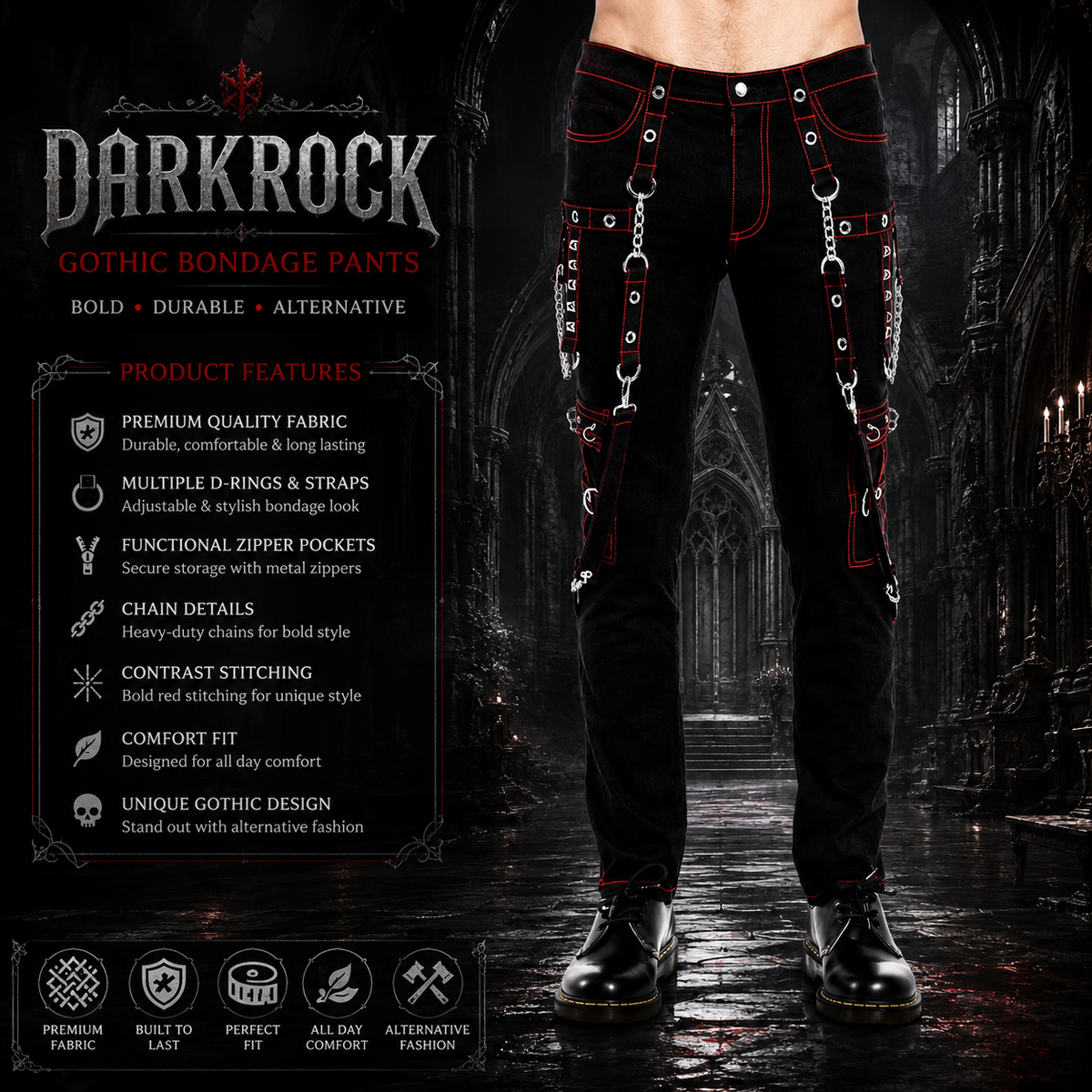 Gothic Men's Military Officer Trousers Black Red/Black Pants