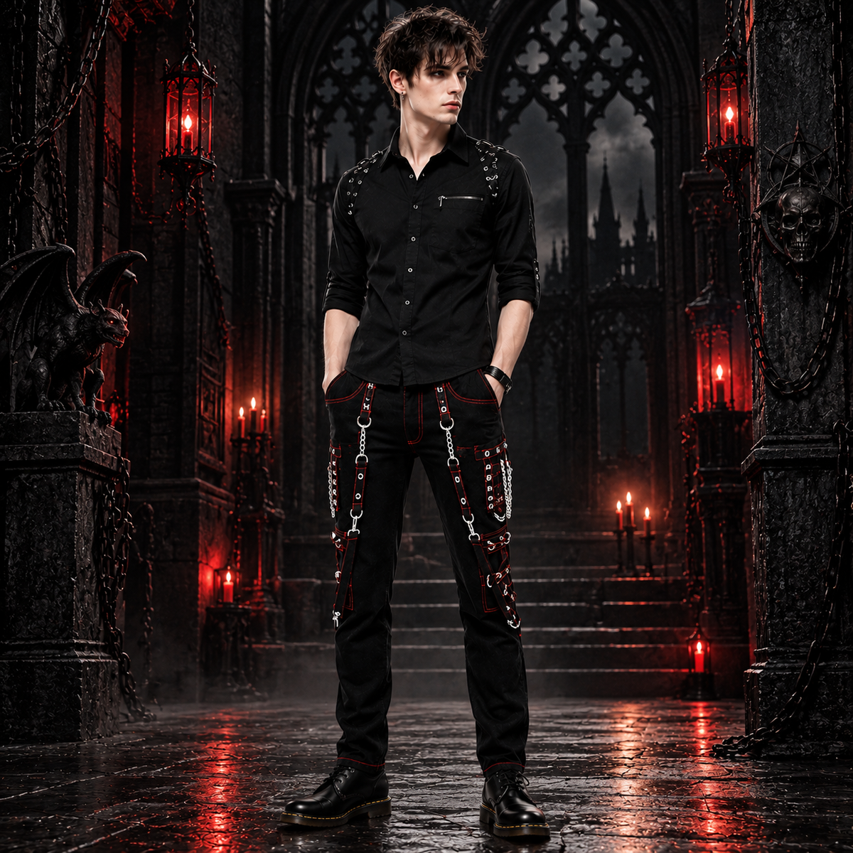 Gothic Men's Military Officer Trousers Black Red/Black Pants