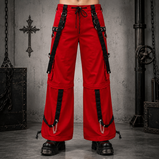 Gothic Men's Gothic Handmade Red Trouser Red Threads Black Straps Punk Rock Metal Chain Cyber/USA