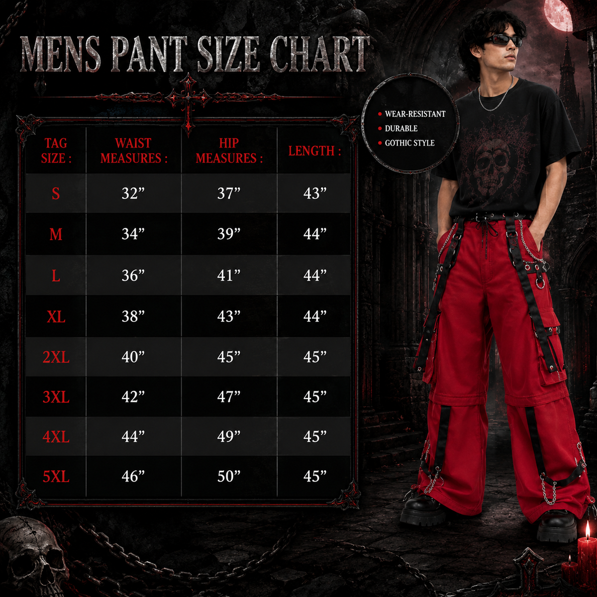 Gothic Men's Gothic Handmade Red Trouser Red Threads Black Straps Punk Rock Metal Chain Cyber/USA