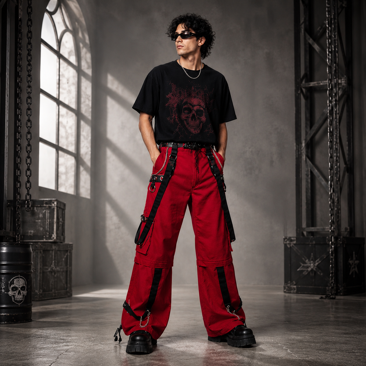 Gothic Men's Gothic Handmade Red Trouser Red Threads Black Straps Punk Rock Metal Chain Cyber/USA