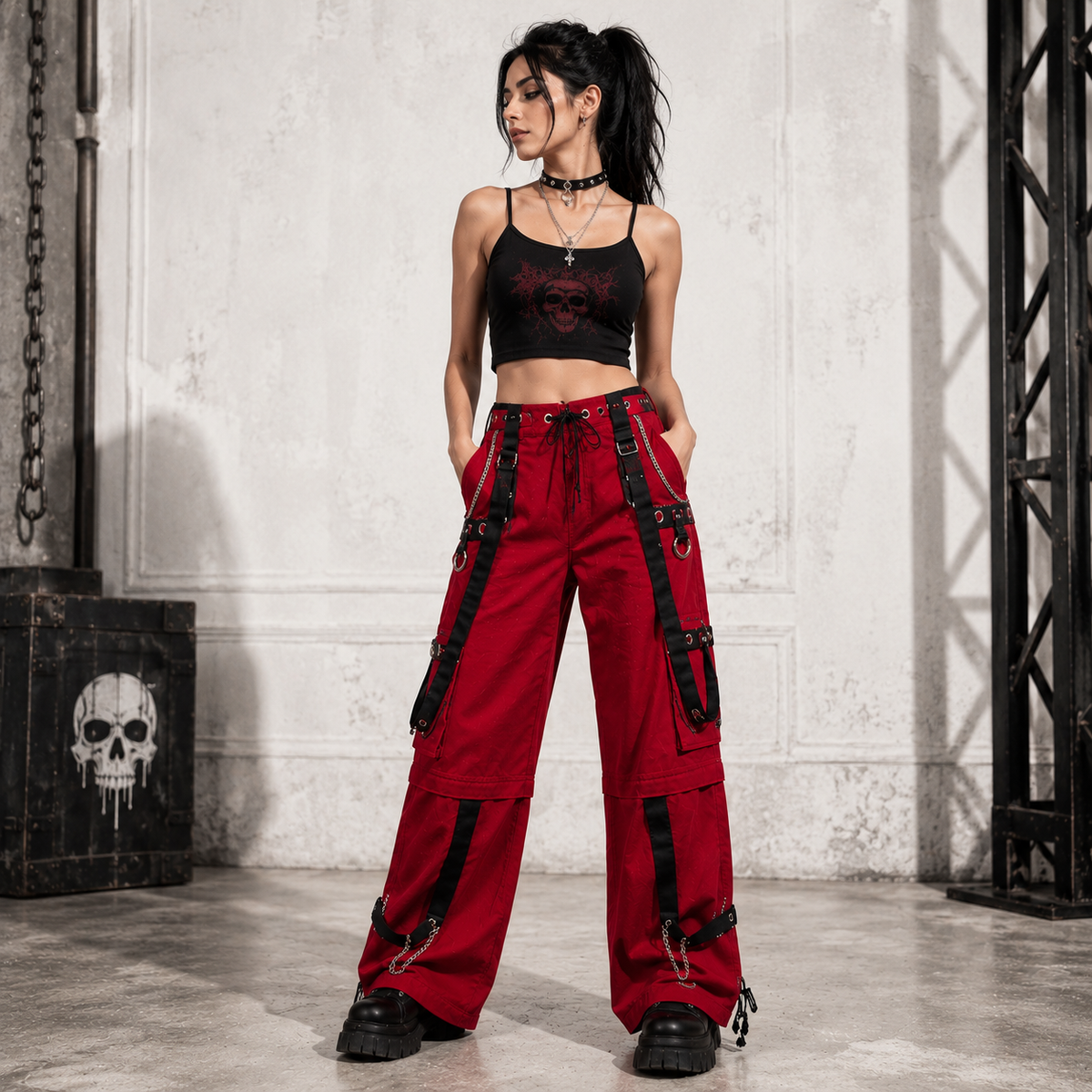 Gothic Men's Gothic Handmade Red Trouser Red Threads Black Straps Punk Rock Metal Chain Cyber/USA
