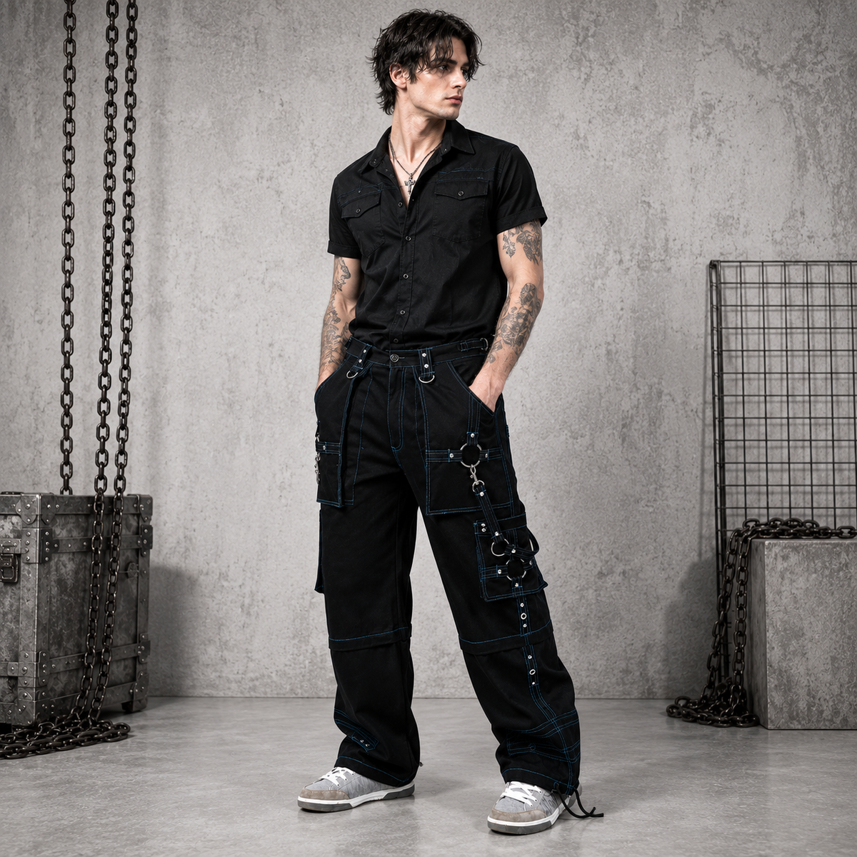 Prime Quality Gothic Men Handmade Bondage 4 Pocket Trouser Punk Rock Black with Blue Stitch Pant USA