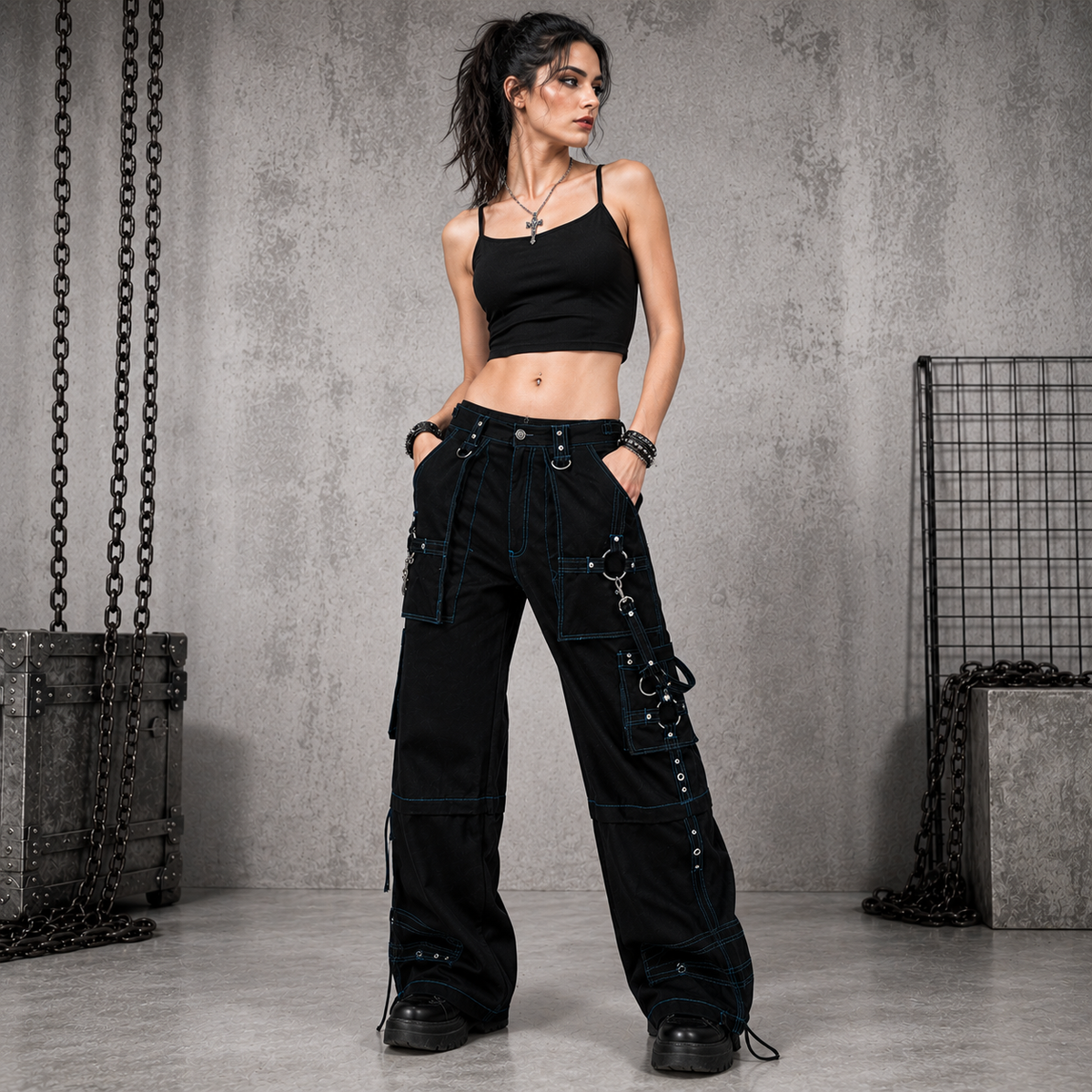 Prime Quality Gothic Men Handmade Bondage 4 Pocket Trouser Punk Rock Black with Blue Stitch Pant USA