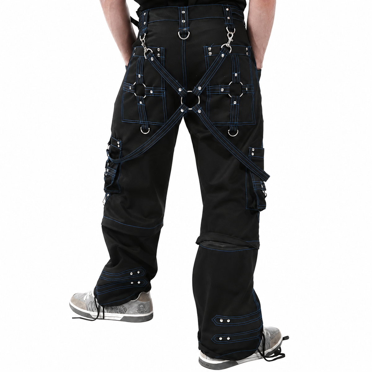 Prime Quality Gothic Men Handmade Bondage 4 Pocket Trouser Punk Rock Black with Blue Stitch Pant USA