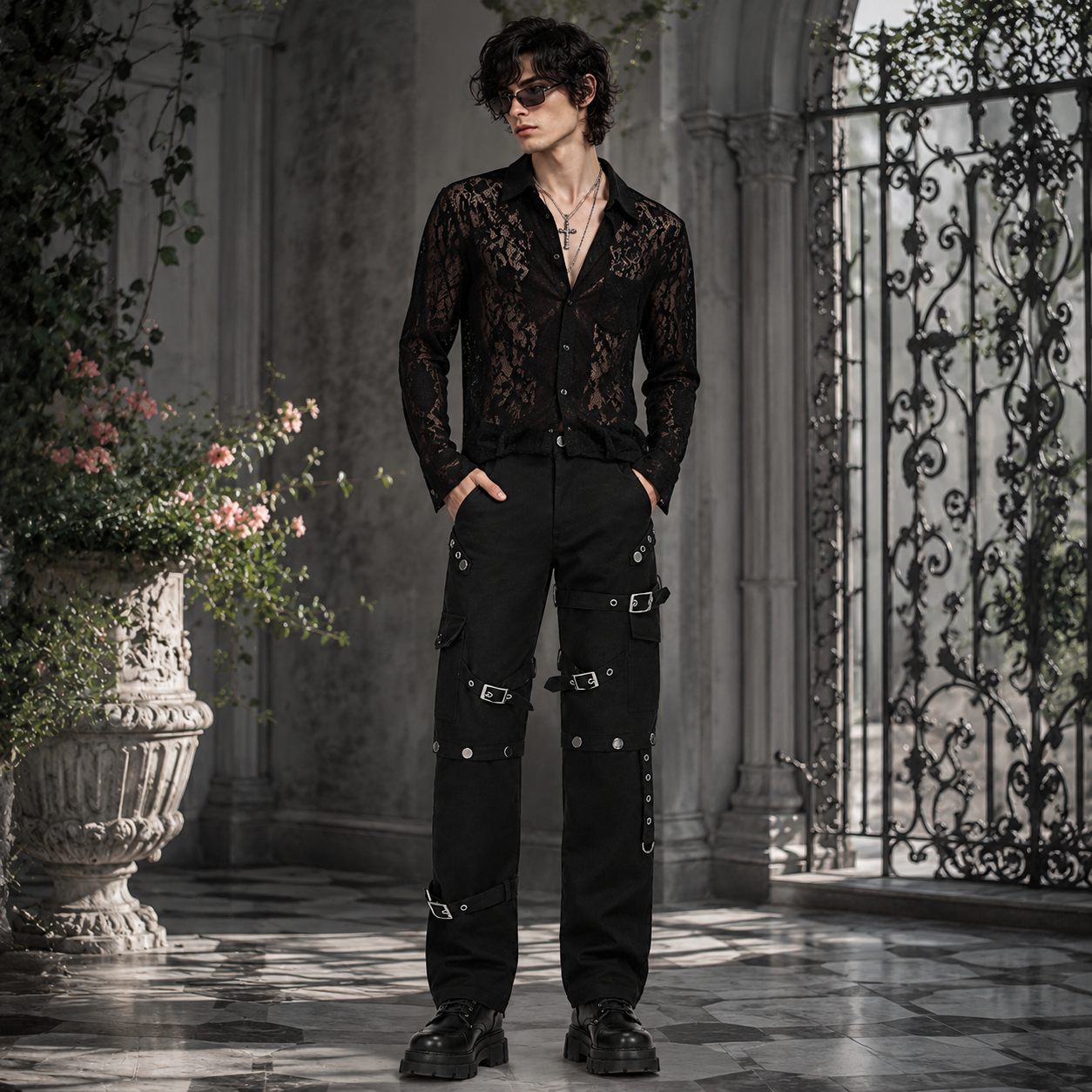 Men Gothic Bondage Pant Rock Hard Loose Punk Pants Detachable Uniform Trousers