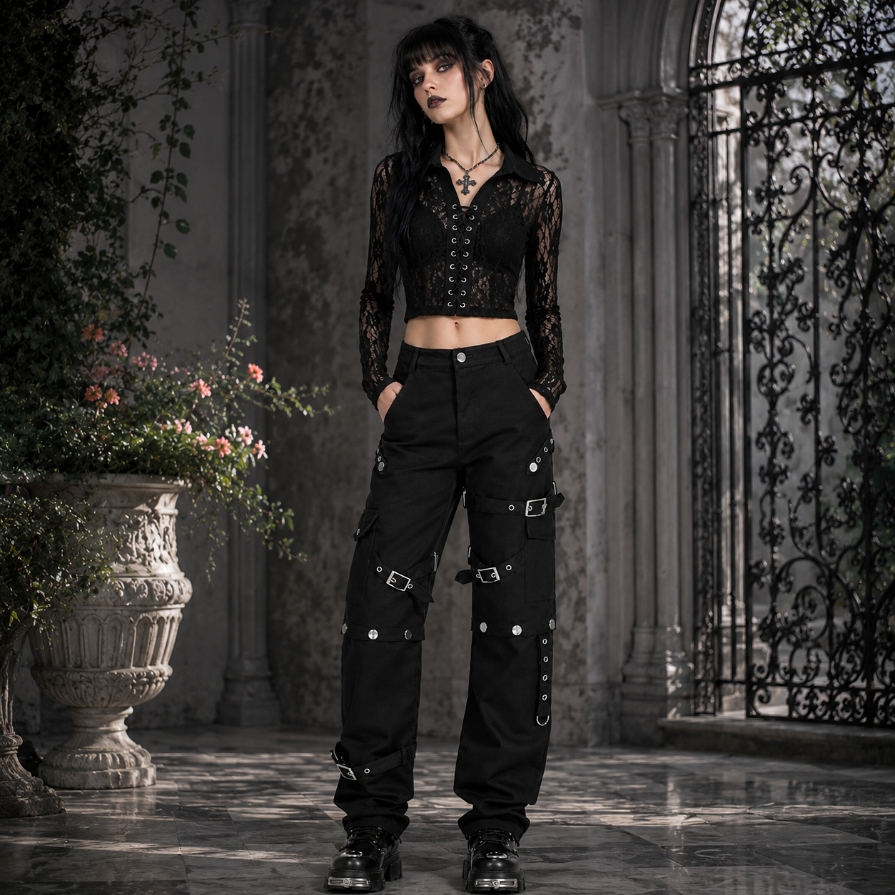 Men Gothic Bondage Pant Rock Hard Loose Punk Pants Detachable Uniform Trousers